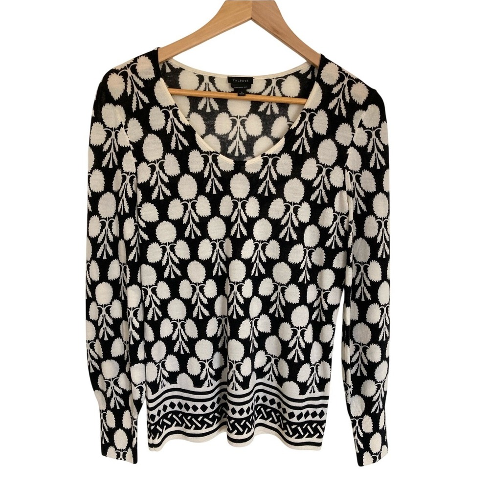 Talbots Womens Merino Wool Black White Floral Sweater Size Small Lightweight